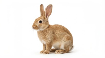 Obraz premium Cute Fluffy Light Brown Rabbit Posing Adorably on a Clean White Background, Perfect for Pet, Animal, or Spring-Themed Designs with Copy Space