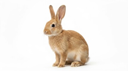 Obraz premium Adorable light brown domestic rabbit sitting calmly with long ears and soft fur on a pristine white background, a studio shot perfect for Easter, pet, or animal themes.