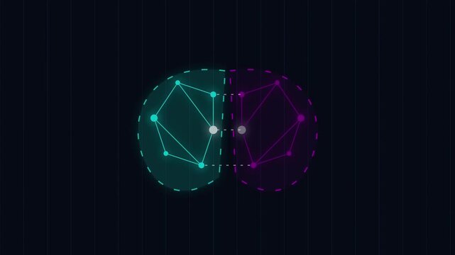 Abstract digital representation of two interconnected brain hemispheres with glowing networks on a dark background.