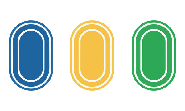 A set of three minimalist running track ovals with uniform rounded corners and bold flat colors on a pure white background. Clean graphic design concept