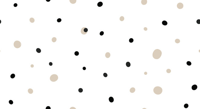 Hand drawn polka dot pattern with black and beige spots on white background provides playful minimalist texture for nursery decor and branding materials.
