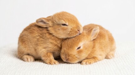 Fototapeta premium Adorable Fluffy Orange Baby Bunnies Snuggling Together on a Soft White Blanket, Close-up Portrait of Two Cute Newborn Rabbits Resting Peacefully, Easter Animal Concept