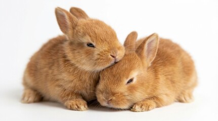 Obraz premium Adorable Pair of Fluffy Ginger Baby Rabbits Cuddling on a Pristine White Background, Symbolizing Innocence and Togetherness
