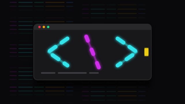 A minimalist illustration of a dark code editor window with glowing neon blue angle brackets and a purple slash, symbolizing programming.