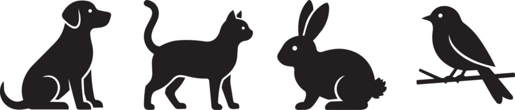 Animal Silhouette Icon Set Dog Cat Rabbit Bird Minimal Wildlife Pet Vector Illustration animal silhouette icons, dog silhouette vector, cat silhouette icon, rabbit silhouette icon, bird silhouette ico