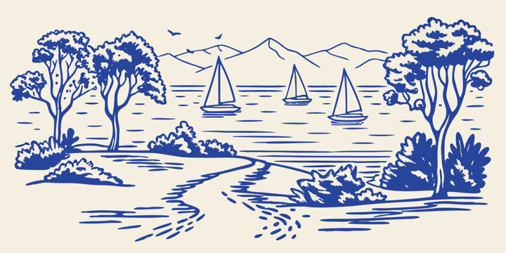 blue line art landscape with sailboats on the water and distant mountains high quality professional