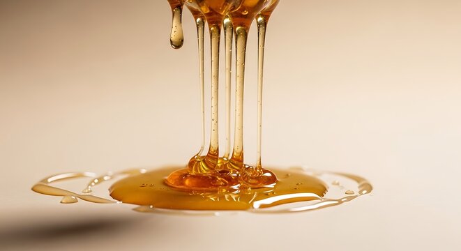 Golden honey dripping down onto a light surface, close-up food shot