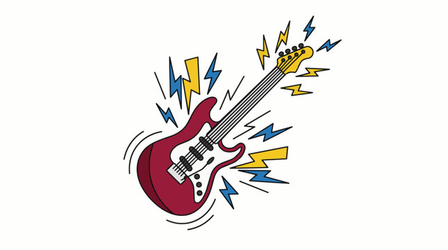 Electric Guitar Illustration with Lightning Bolts on White.