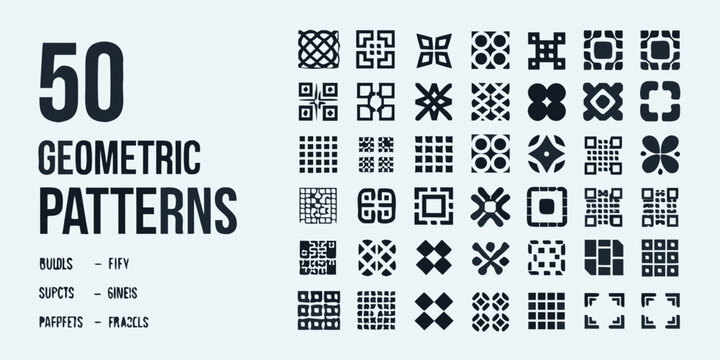 Collection of fifty geometric patterns grids and decorative shapes on a white background high quality