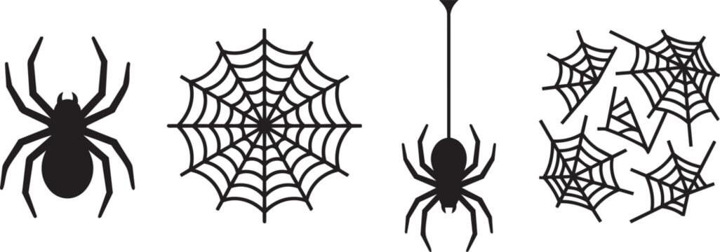 Spider Silhouette Icon Set Spider Web Orb Web Hanging Spider Tangle Web Black Flat Vector Icons spider icon set, spider silhouette icons, spider web icons, orb web icon, circular web icon, hanging spi