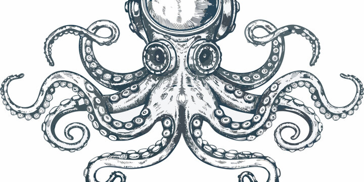 Octopus with vintage diving helmet detailed engraving illustration on a white background high quality professional