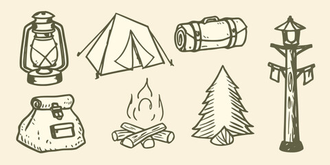 hand drawn camping equipment set including lantern tent backpack and campfire high quality professional detailed © Debashis