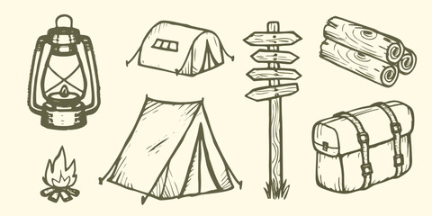 Sketch of camping equipment including lantern tents signpost logs and campfire high quality professional detailed © Debashis