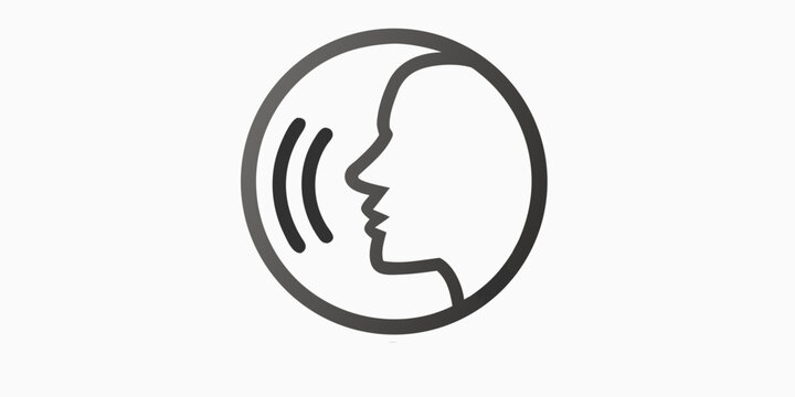 Minimalist line art of a human profile whispering with sound waves in a circular frame