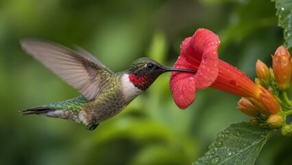 Obraz premium Ruby throated hummingbird drinking nectar from red trumpet vine flower.
