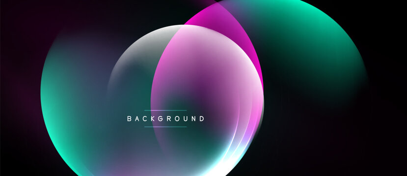 Abstract design features overlapping colorful circles. Gradient shades create luminous effect against dark backdrop. Modern, dynamic composition.