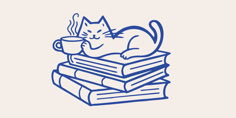 Line drawing of a cat relaxing with a cup of coffee on a stack of books © Debashis
