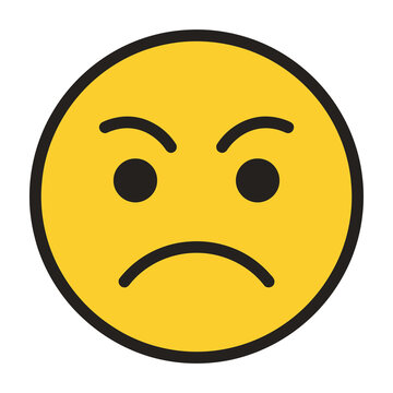 Angry face emoticon with frowning mouth and furrowed eyebrows on yellow background