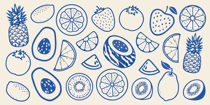 Collection of hand drawn blue fruit illustrations including pineapple avocado strawberry and citrus high quality