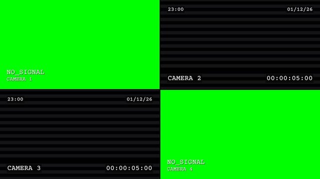CCTV Security Monitor Multi Screen Interface with Green Screen Chroma Key Panels and Digital HUD Timecode Overlays for Surveillance Simulation