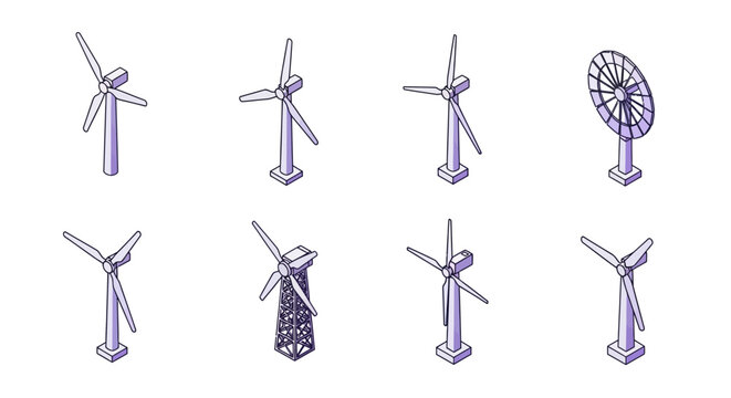 Isometric view of various windmill designs illustrating renewable energy generation concept