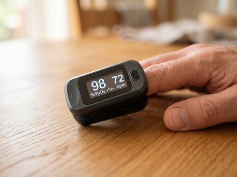 Close-Up Pulse Oximeter on Wooden Surface Showing Oxygen Saturation