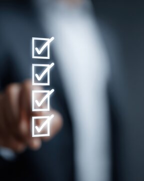 Digital document verification with futuristic interface and checklist icons, corporate compliance