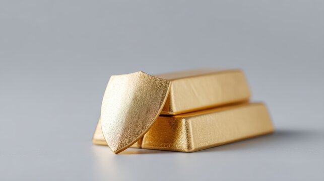 Gold investment concept with shield icon protecting gold bars, safe haven during crisis