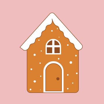Adorable gingerbread house illustration with white frosting roof and decorative dots on soft pink background. Perfect for Christmas, holiday greeting cards, festive designs, and winter celebrations.