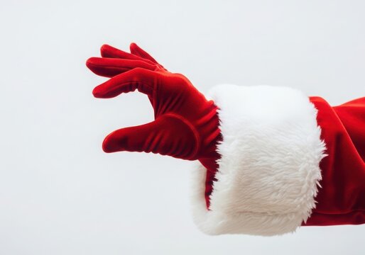 Santas gloved hand reaching out isolated on white