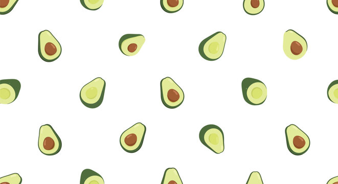 Cute avocado seamless pattern on white background featuring halved fruit with brown pits and solid light green pieces for healthy food related design work.