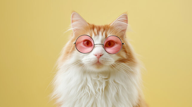 -a ginger cat wearing sunglasses, isolated on a pastel blue background with copy space. this is a studio shot of a portrait of a cute, funny pet animal in a summer vacation concept, suitable as a bann