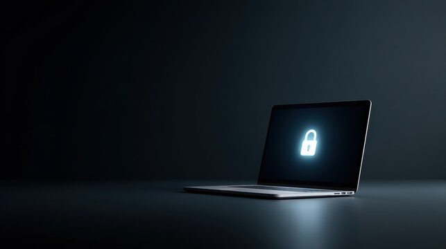 Cybersecurity concept with glowing lock icon on laptop screen, dark background, encryption and data protection theme