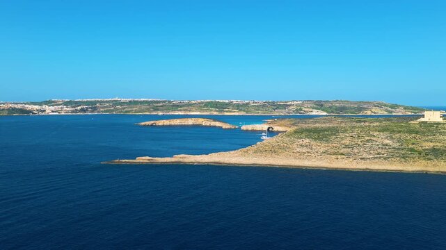 Scenic Aerial View Of Blue Lagoon Between The Islands Of Comino And Cominotto In Malta.
