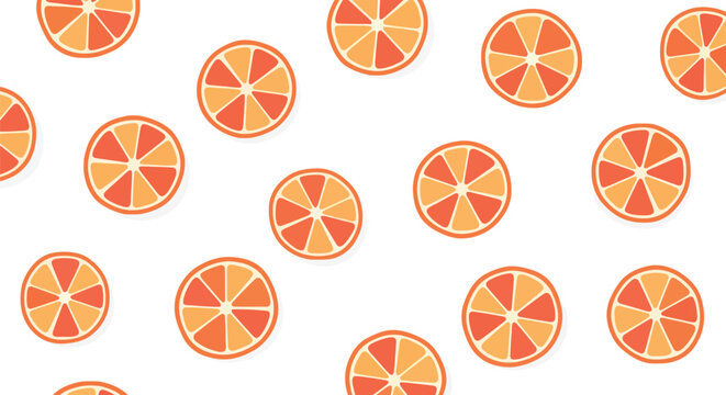 Vibrant orange citrus slices pattern on white background with bright red and orange segments for refreshing summer beverage branding and kitchen wall decor.