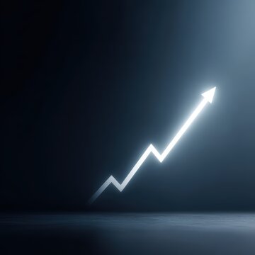 Stock market growth chart with glowing upward arrow on dark background, financial success, investment growth, trading analytics, minimal composition, high contrast, copy space