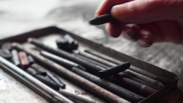 Close-up of an artist&rsquo;s hand selecting the right charcoal piece, highlighting choice and precision in the creative process. Suited for storytelling around intention and craftsmanship.