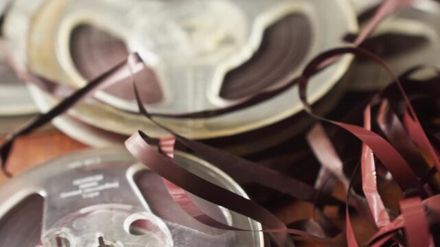 Macro pan across scattered magnetic spool tapes, suggesting forgotten recordings and archival decay. Perfect for documentary themes, lost media, and the passage of time.