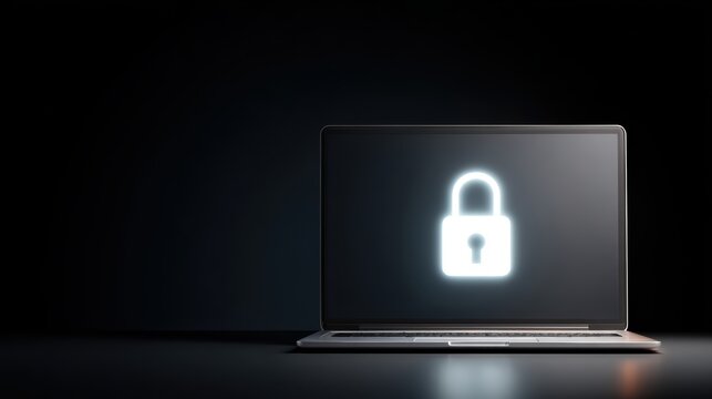 Cybersecurity concept with glowing lock icon on laptop screen, dark background, encryption and data protection theme