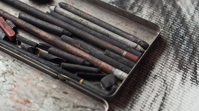 Macro close-up of an artist&rsquo;s hand opening a box of black charcoal, capturing the calm anticipation before creation. Ideal for storytelling around creativity, focus, and artistic rituals.