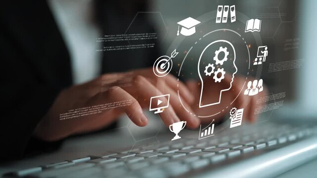 Professional hands typing on keyboard with creative holographic mind icons, representing innovation, data analysis, and technology in modern business environment Gluon.