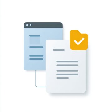 Document management system with file icon and checkmark approval, paperless office workflow, minimal UI design