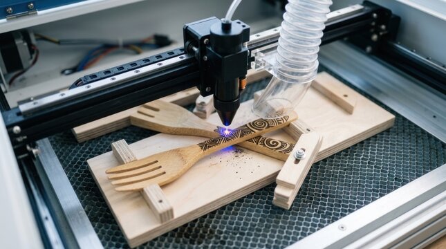 Laser engraving machine etches patterns on wooden utensils in workshop setting with tools nearby