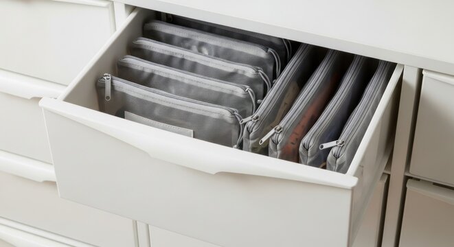 Organized gray mesh pouches sit inside an open white dresser drawer. These storage bags provide a neat home decluttering solution.