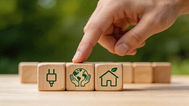 close up of hand selecting wooden cube with earth icon symbolizing environmental protection and sustainable energy choices green technology concept for eco friendly business