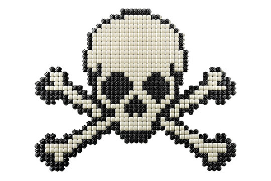 A pixel style skull and crossbones symbol created with a grid of black and white square blocks, isolated against a solid , front facing view isolated on a transparent background