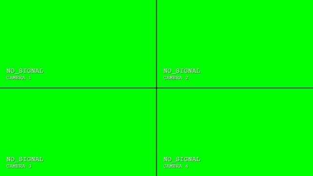 Quad Split Screen CCTV Security Monitor Interface with Green Chroma Key Panels and Pixelated No Signal Warning Text for Surveillance Mockups