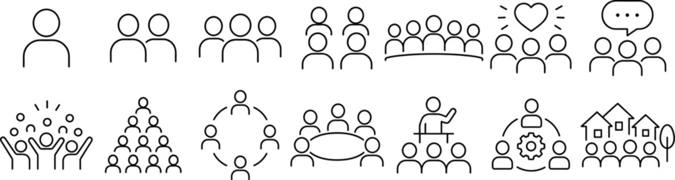 Set of human people and group social interaction line icons