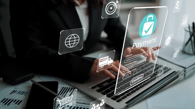 Secure Online Payment Process with Virtual Interface and Businesswoman Typing on Laptop in Modern Office Setting for E-Commerce Solutions Gluon.