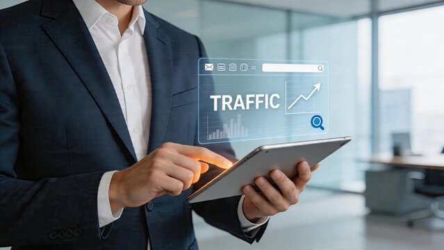 Businessman using tablet digital traffic analytics interface growth chart SEO optimization marketing strategy technology in office web statistics data monitoring modern corporate